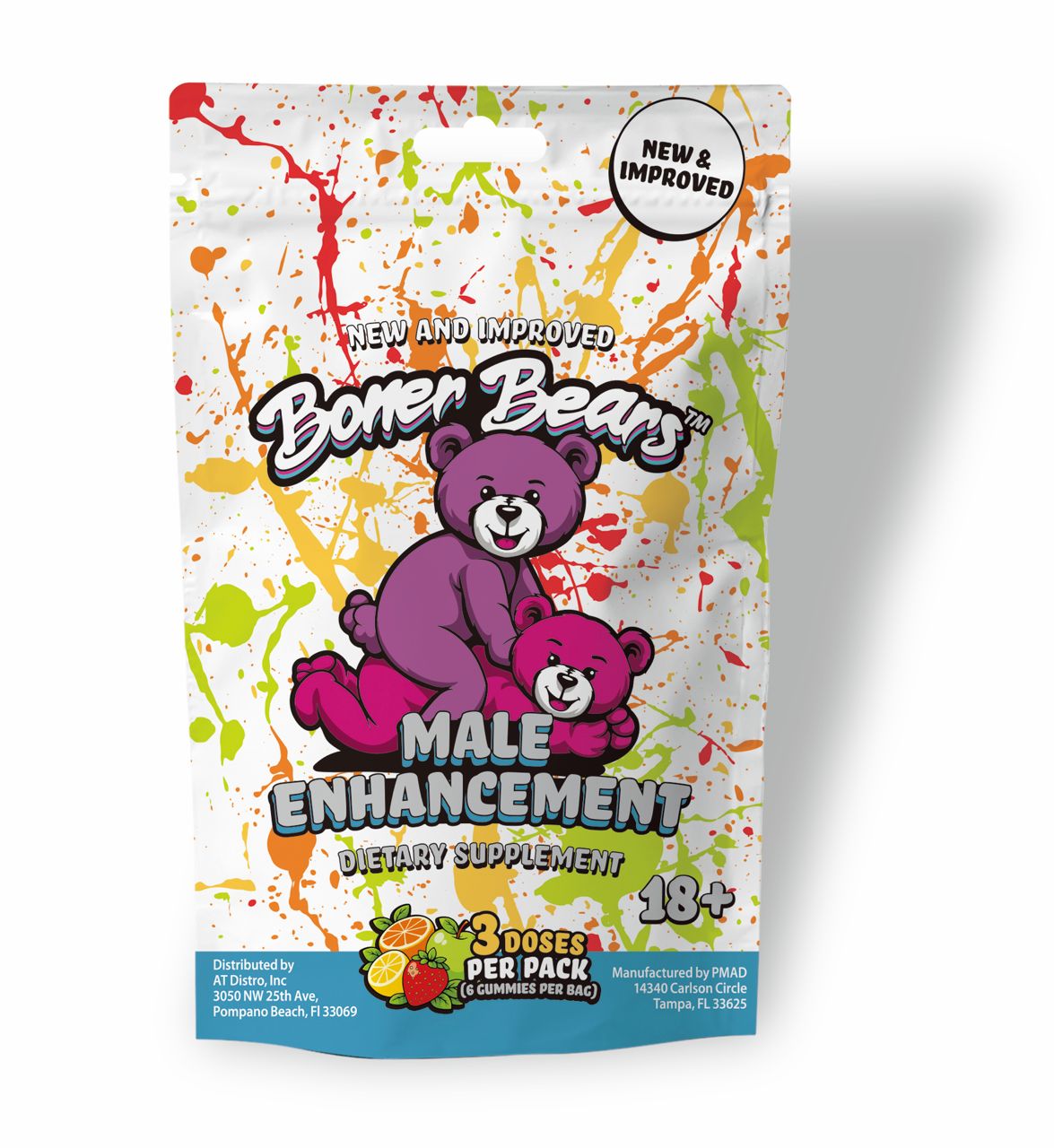 Boner Bears Gummies for Men by Boner Bears, three-pack of chewable dietary supplements in colorful bear-shaped gummies.