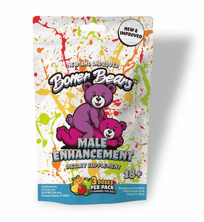 Boner Bears Gummies for Men by Boner Bears, three-pack of chewable dietary supplements in colorful bear-shaped gummies.