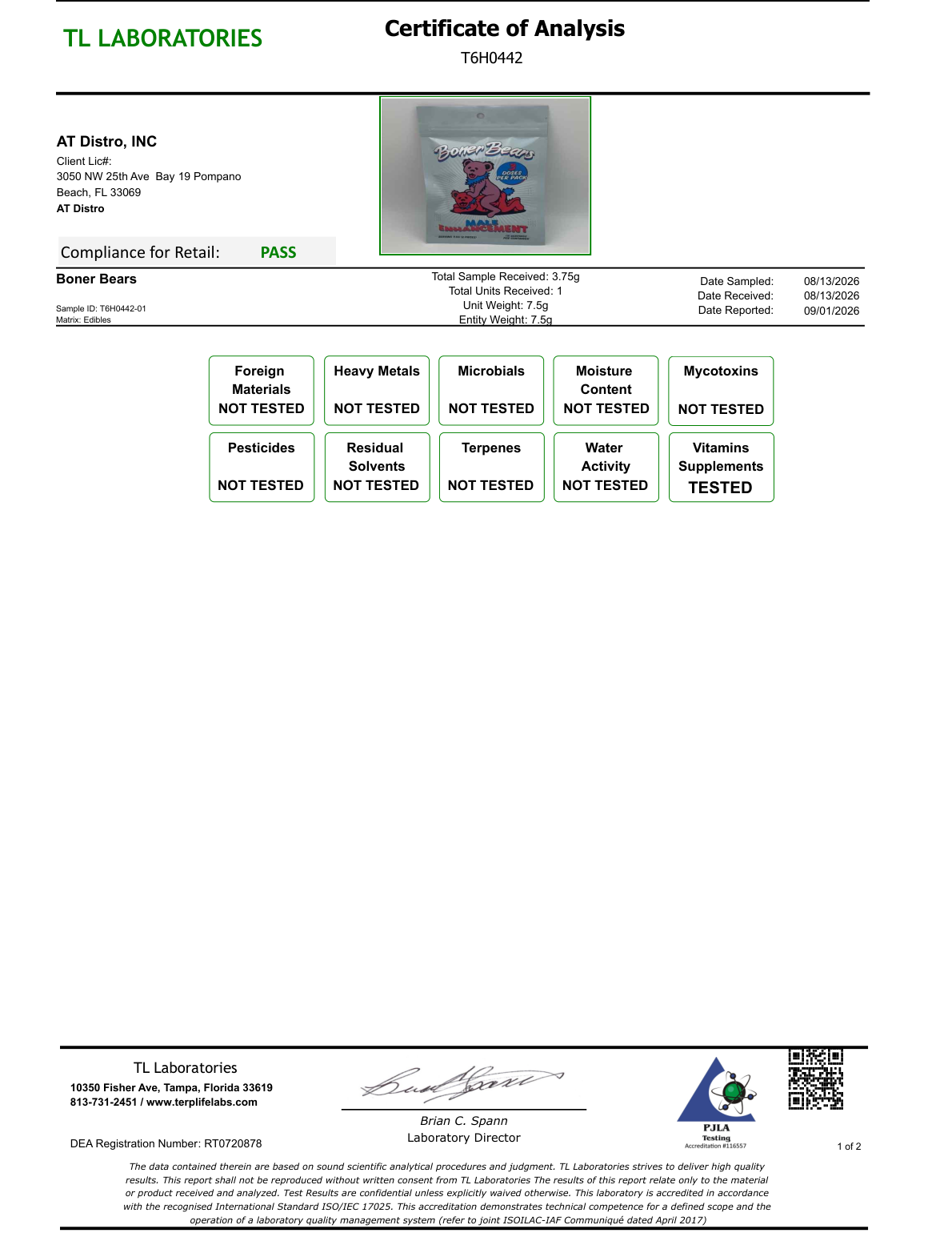 TL Laboratories Certificate of Analysis T6H0442, page 1 of 2