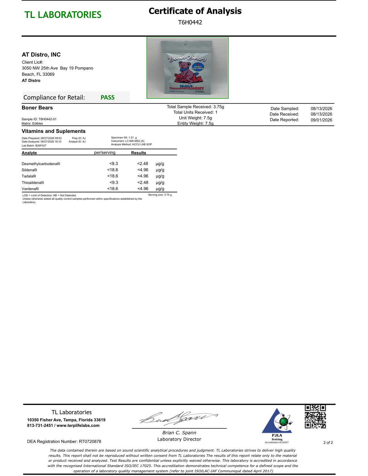 TL Laboratories Certificate of Analysis T6H0442, page 2 of 2 — Vitamins and Supplements panel results